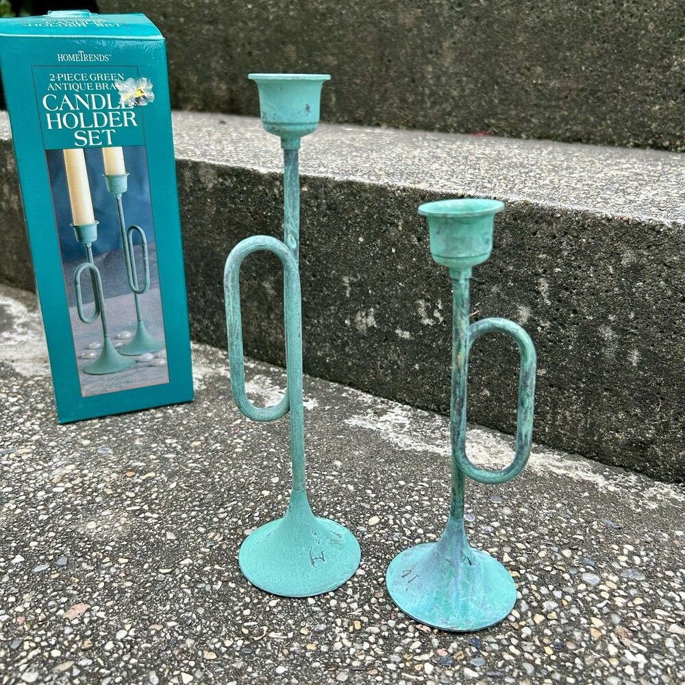 Vintage Set of 2 Antique Brass Blue/Green Patina Trumpet Candle Holders